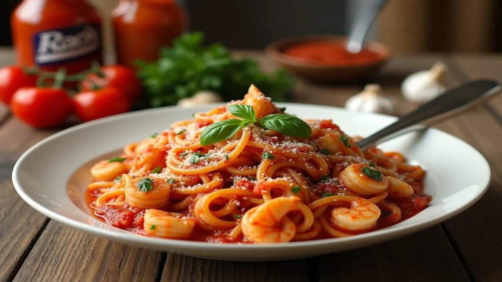 A plate of Rao’s seafood pasta with shrimp and scallops, coated in rich marinara sauce, garnished with fresh basil and parmesan cheese.