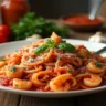 A plate of Rao’s seafood pasta with shrimp and scallops, coated in rich marinara sauce, garnished with fresh basil and parmesan cheese.