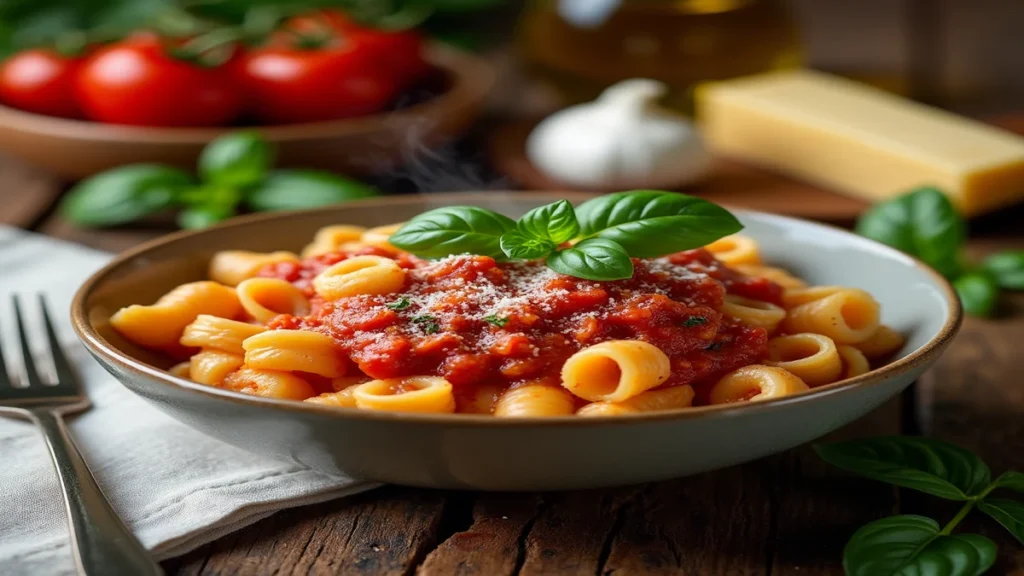 A professionally plated bowl of ditalini pasta, coated in a rich tomato sauce, garnished with fresh basil and parmesan, served in a fine dining setting.