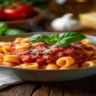 A professionally plated bowl of ditalini pasta, coated in a rich tomato sauce, garnished with fresh basil and parmesan, served in a fine dining setting.