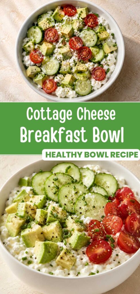 Cottage cheese breakfast bowl topped with cucumber, tomato, avocado, and chives