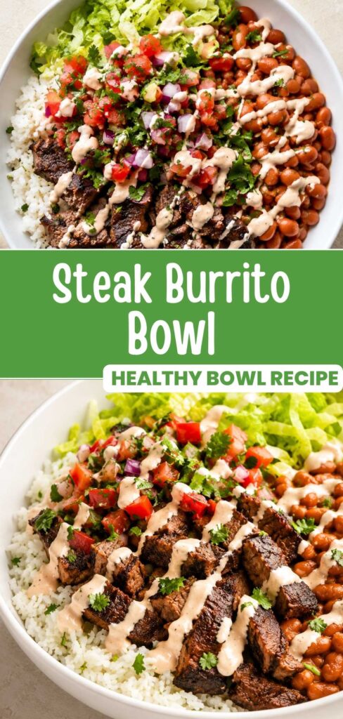 Steak burrito bowl with marinated flank steak, rice, and chipotle cream