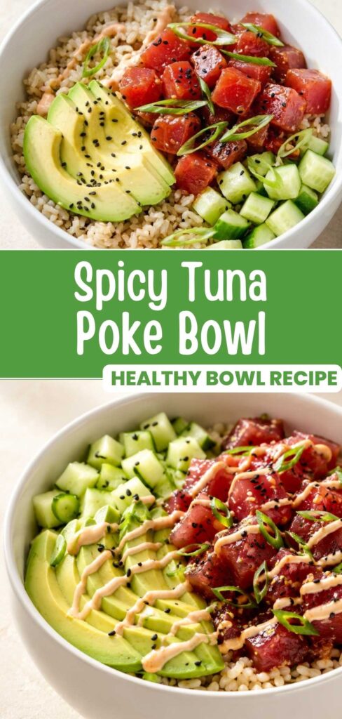 Spicy tuna poke bowl recipe with tuna, avocado, cucumber, and spicy mayo