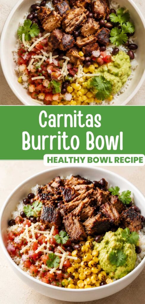 Finished carnitas burrito bowl with pork, cilantro lime rice, and toppings, styled for Pinterest