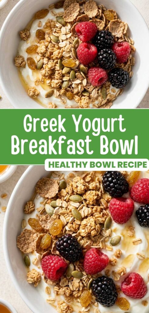 Greek yogurt breakfast bowl with muesli and berries, ready in five minutes