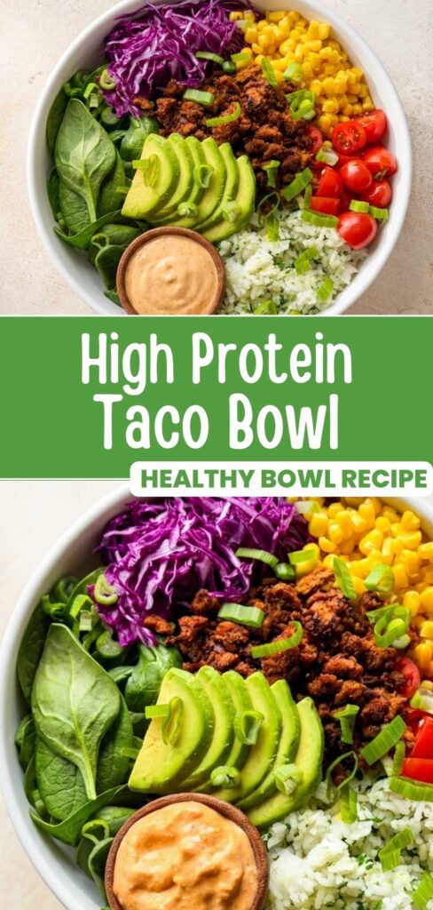 High Protein Taco Bowls recipe with vegan chorizo, black beans, and spicy salsa crema