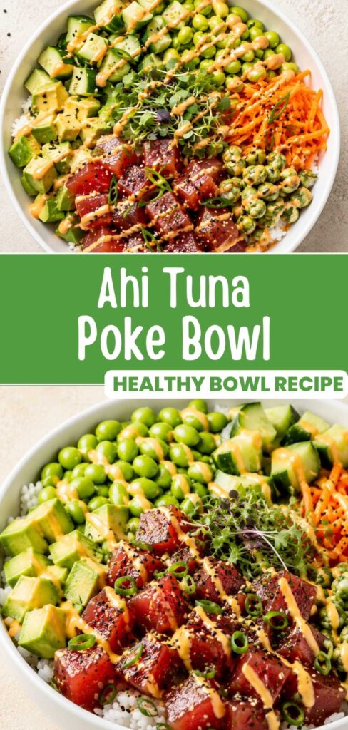 Finished Ahi Tuna Poke Bowls Pinterest Pinwith avocado, edamame, and sesame seeds, ready to eat