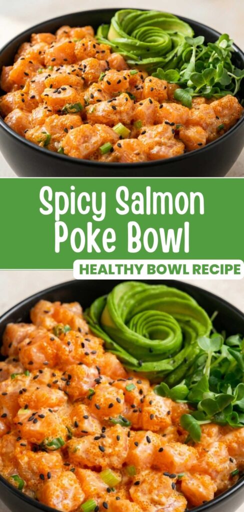 Finished spicy salmon poke bowl with avocado, ready in 10 minutes