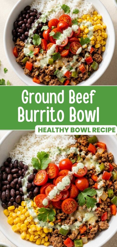 Ground Beef Burrito Bowl finished in a bowl with beans, rice, and jalapeño cilantro sauce
