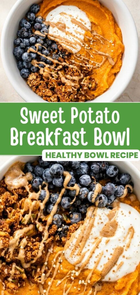 Fluffy paleo sweet potato breakfast bowl topped with berries and granola