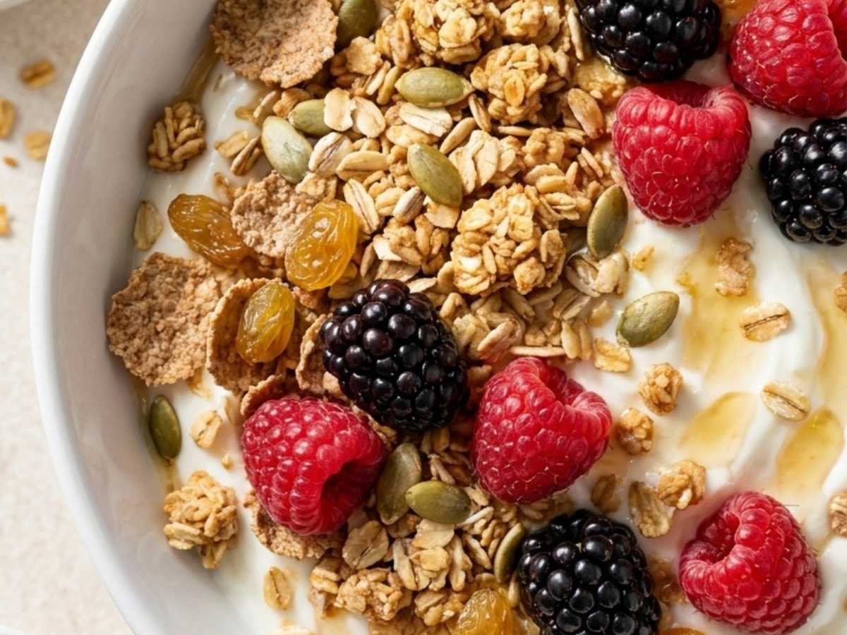 Close-up of creamy Greek yogurt topped with crunchy muesli, berries, and honey