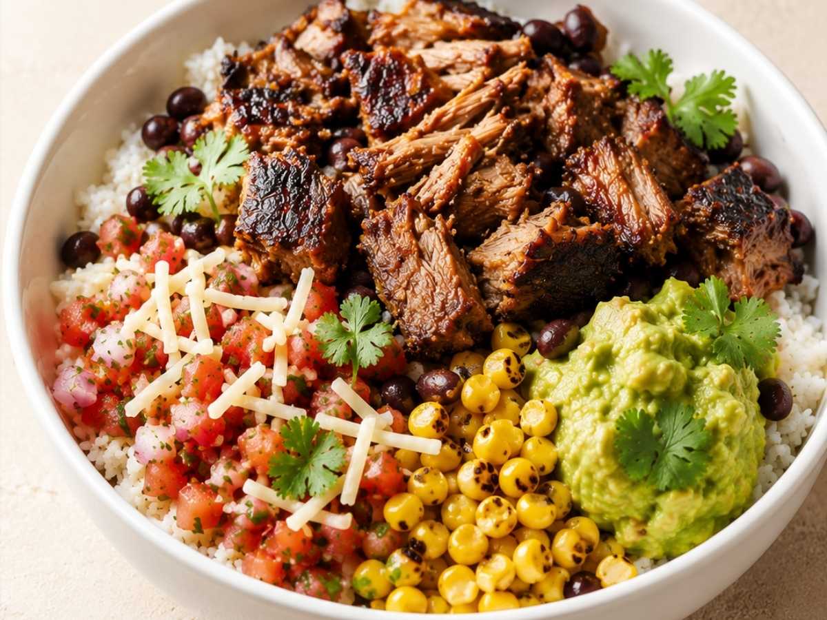 Close up of caramelized carnitas pork sitting on cilantro lime rice with guacamole and pico de gallo in a burrito bowl