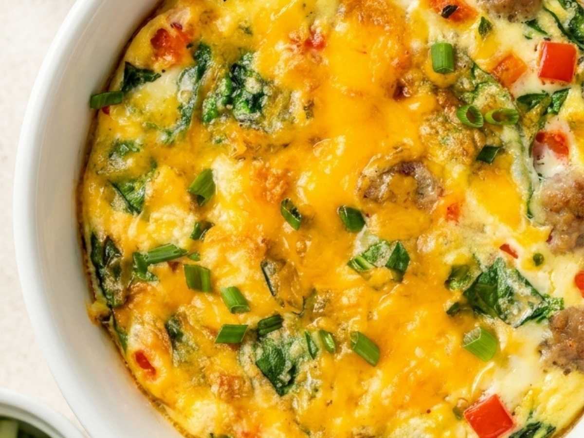 Close up of a single Egg Breakfast Bowl with golden melted cheddar and turkey sausage