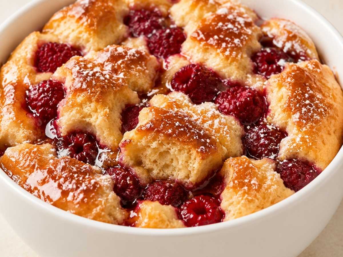 Closeup of a fluffy protein pancake bowl with a spoon digging in