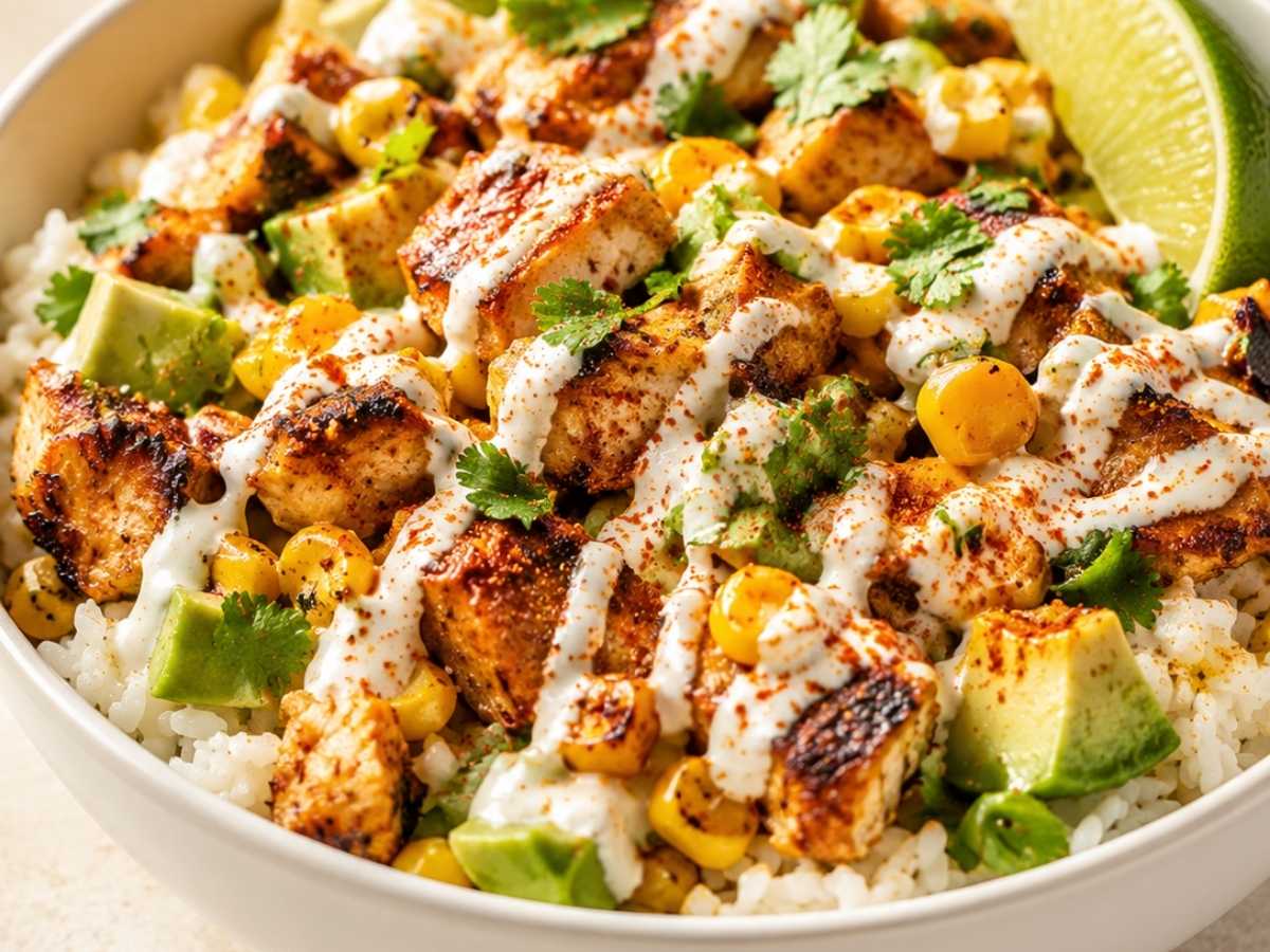 Close up of street corn chicken rice bowl with cotija cheese and a lime wedge
