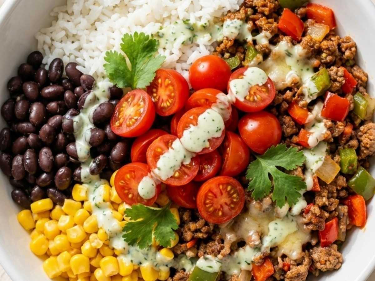 Closeup of Ground Beef Burrito Bowl topped with cheese, tomatoes, and creamy jalapeño cilantro sauce