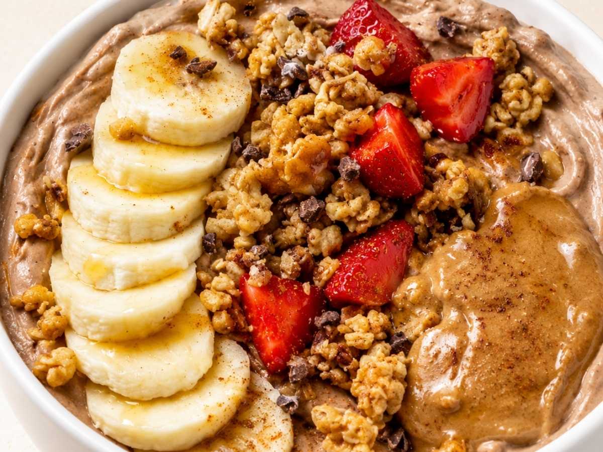 Closeup of high protein yogurt bowl with melted peanut butter and chocolate drizzle