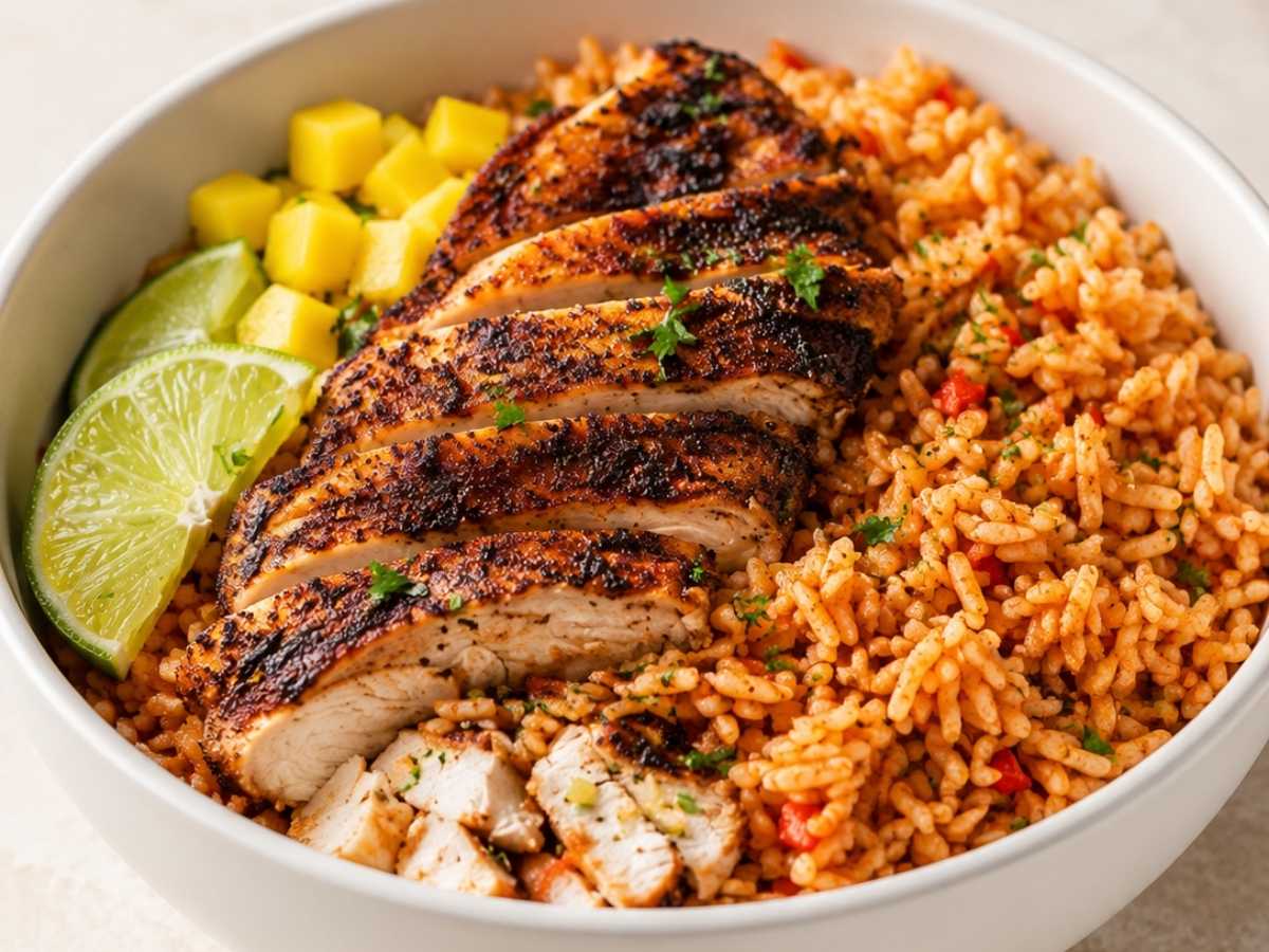 Close up of Cajun chicken rice bowl showing seared chicken, seasoned rice, and diced mango