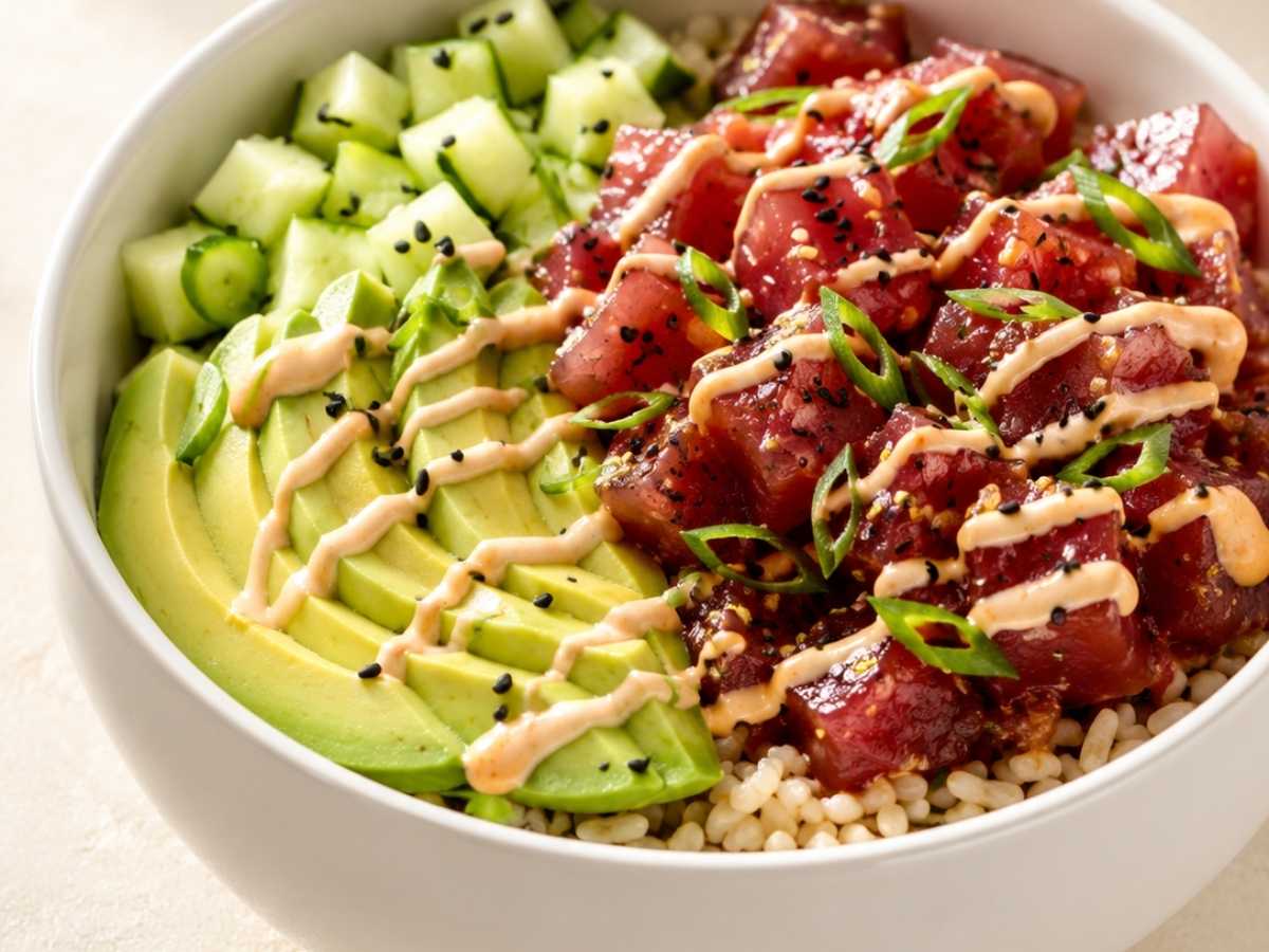 Close up of spicy tuna poke bowl showing cubed tuna, avocado slices, and sesame seeds