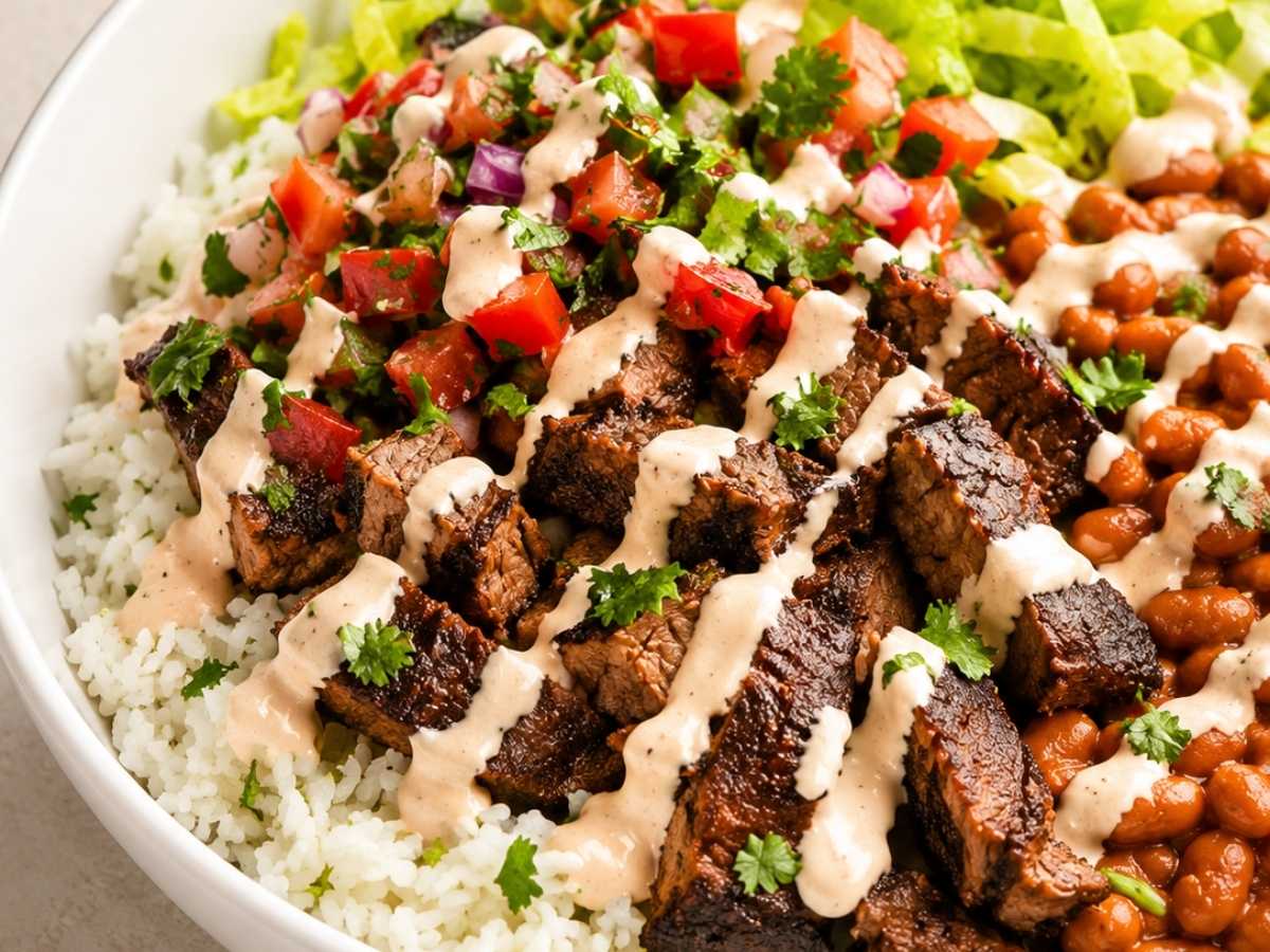 Close-up of steak burrito bowl showing sliced flank steak, rice, and toppings