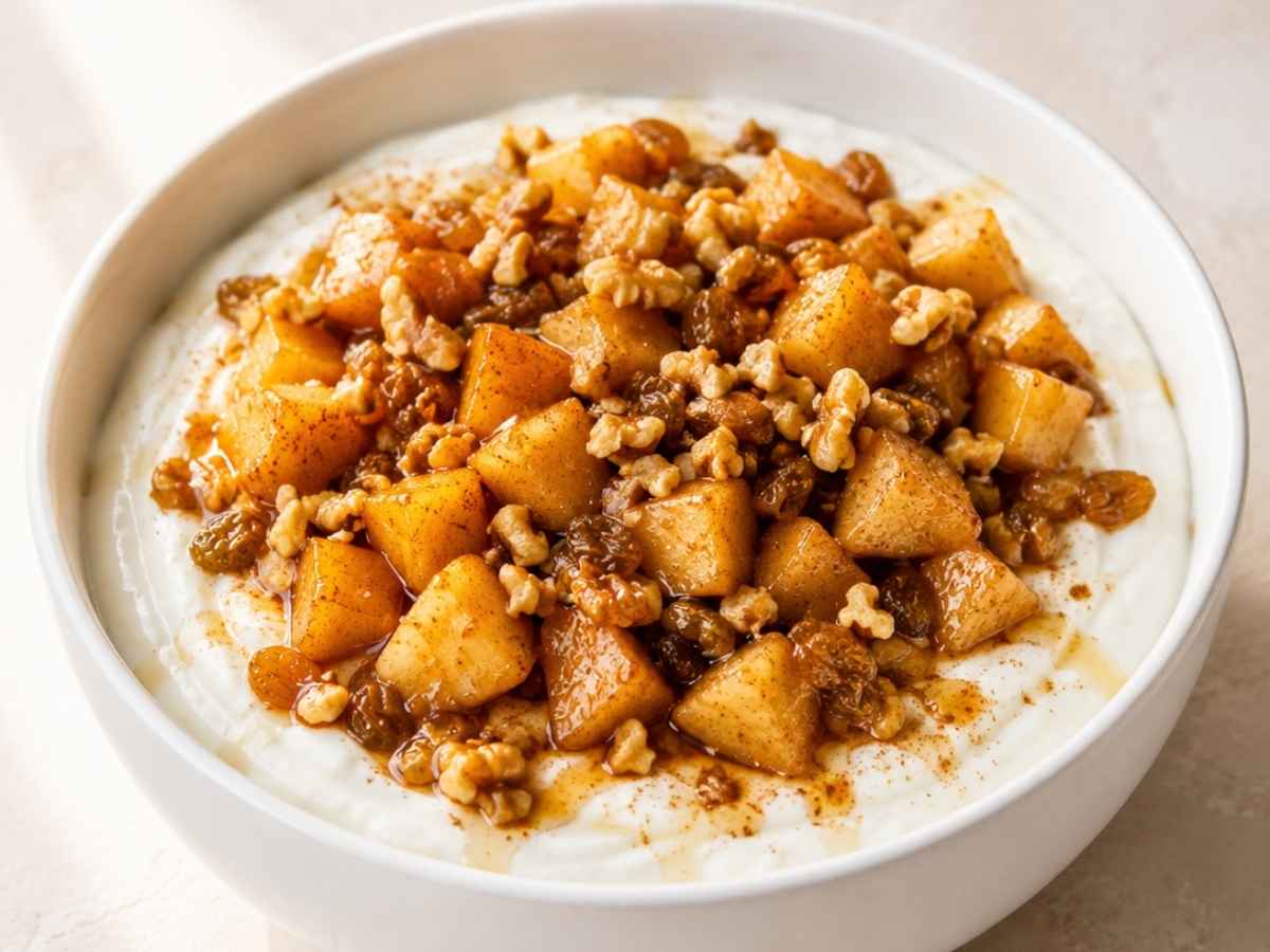 Close up of creamy yogurt topped with soft cinnamon apples and walnuts in a bowl