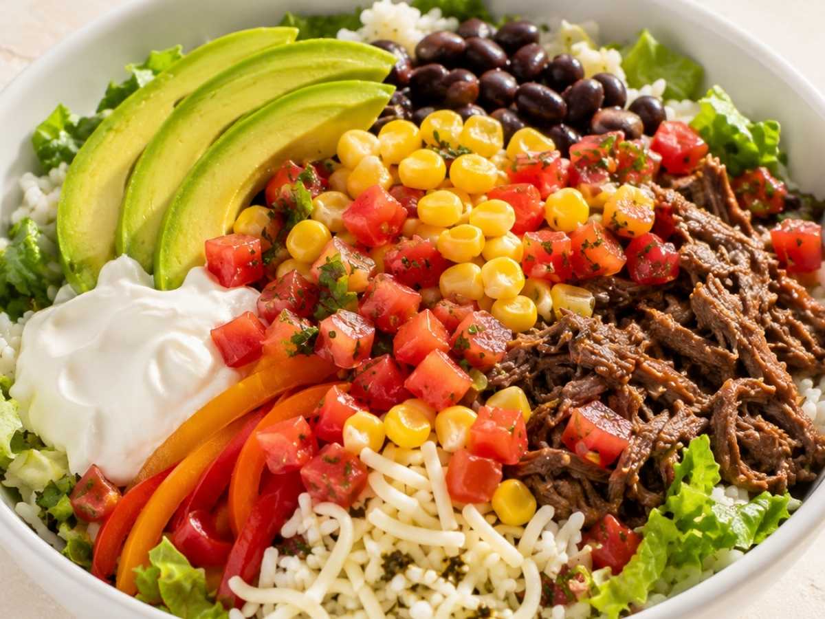 Close-up of tender shredded barbacoa beef on top of rice in a burrito bowl