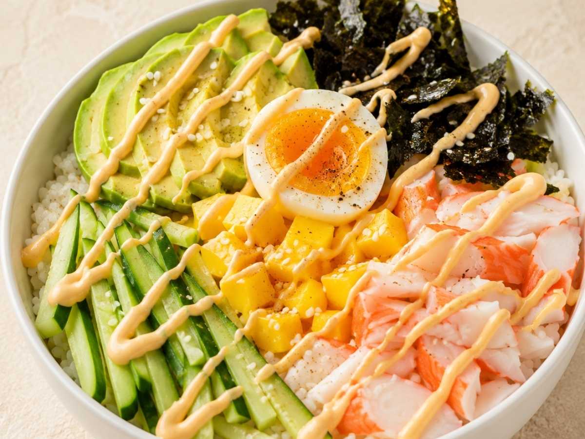 Closeup of a California Poke Bowl showing diced crab, avocado, mango, and sesame seeds