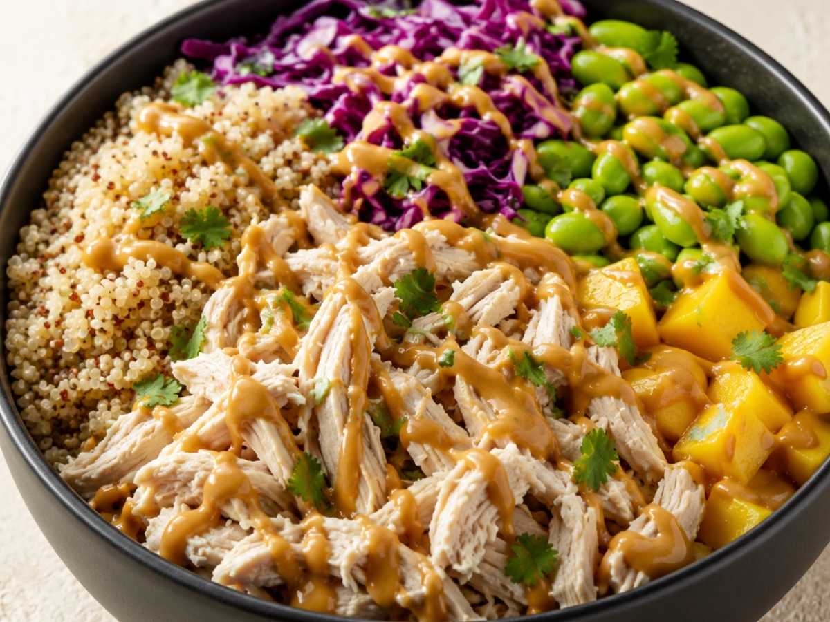 Close-up of Chicken Protein Bowl showing quinoa, shredded chicken, and mango
