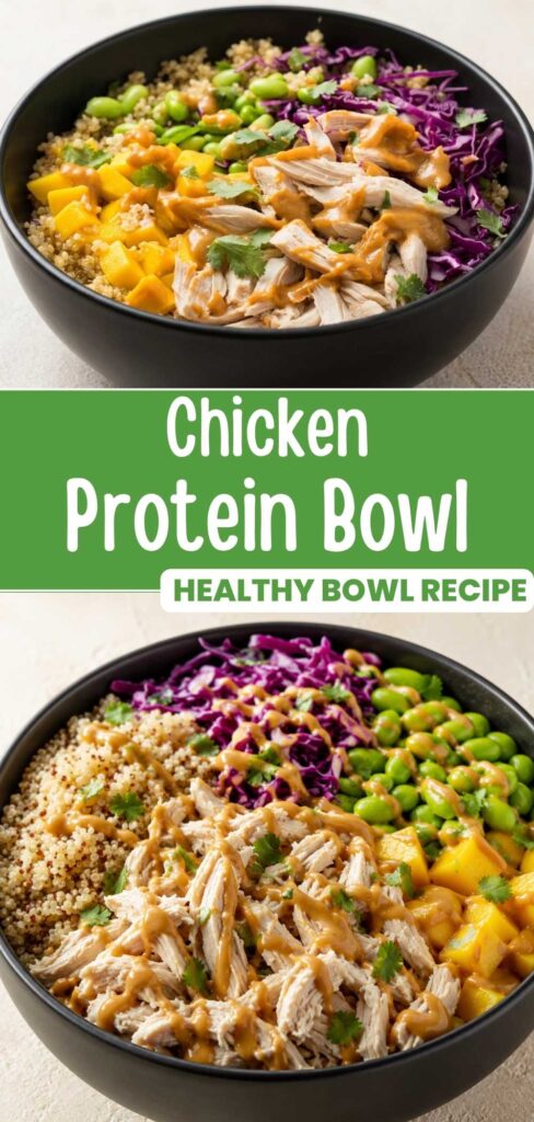 Overhead view of Chicken Protein Bowl with peanut sauce drizzle