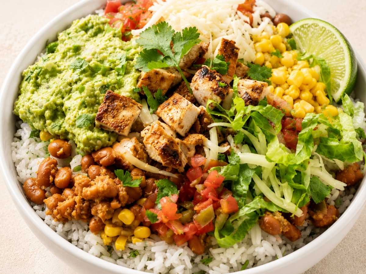 Close-up of a chipotle chicken bowl showing charred chicken pieces, lime rice, and melted cheese