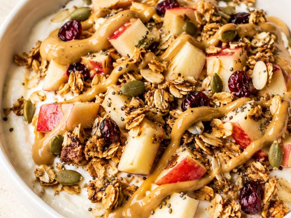 Close-up of creamy Greek yogurt bowl with crunchy granola, apple pieces, and peanut butter