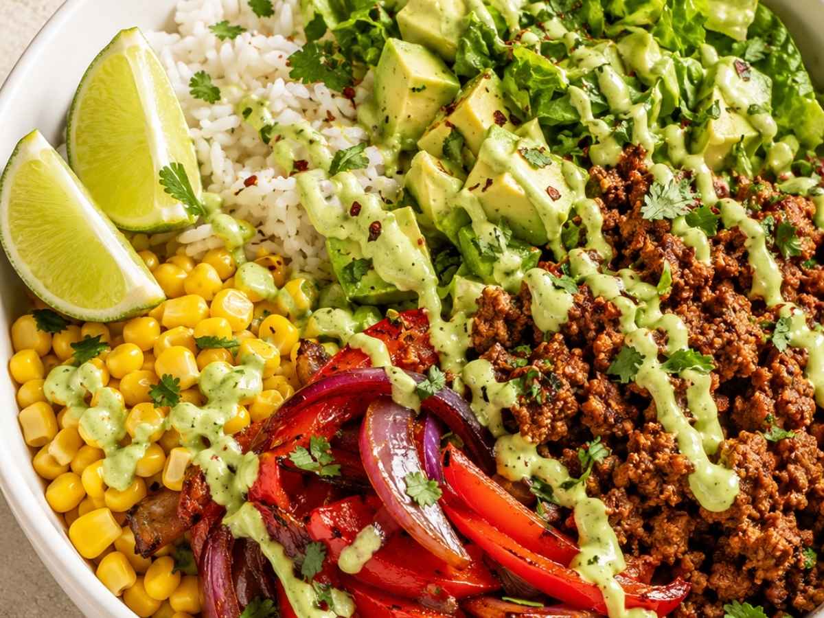 Close-up of a ground beef taco bowl topped with a drizzle of cilantro lime crema and fresh avocado slices