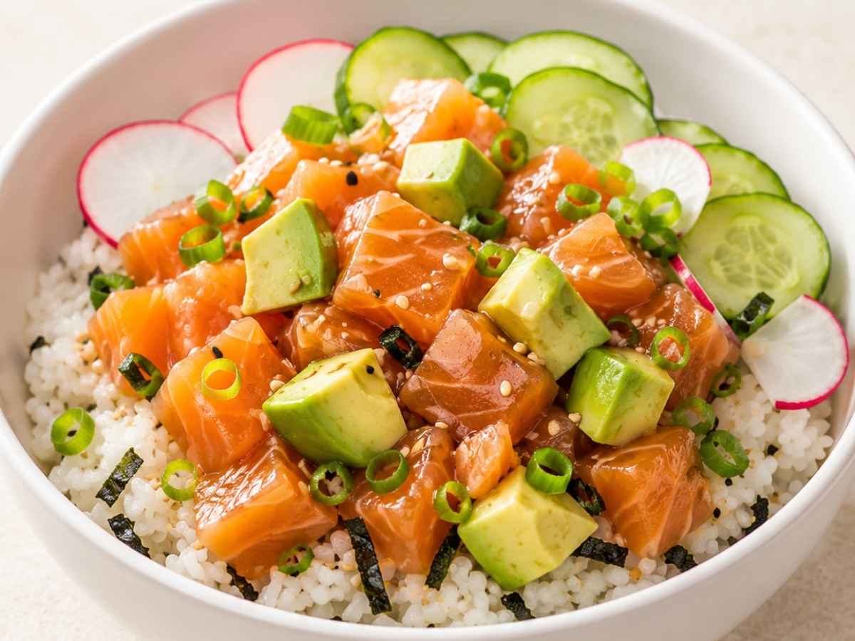 Close up of a salmon avocado poke bowl showing cubed sashimi grade salmon, avocado, and scallions