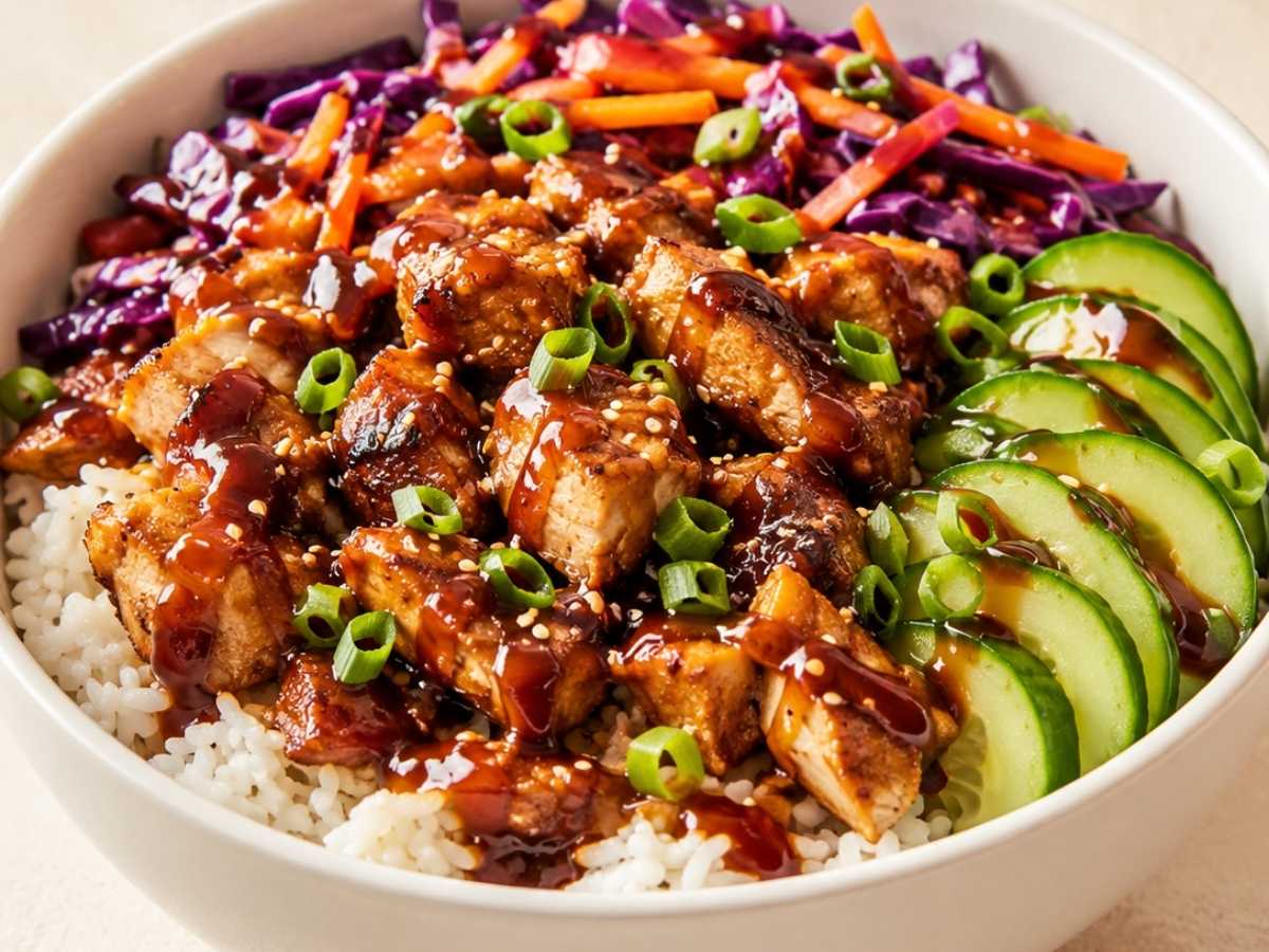 Close-up of tender BBQ chicken pieces over rice with avocado and cucumber in a bowl