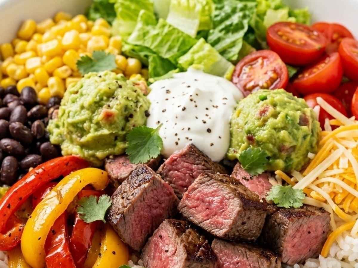 Close up of sliced chipotle steak over rice with guacamole and sour cream in a protein bowl