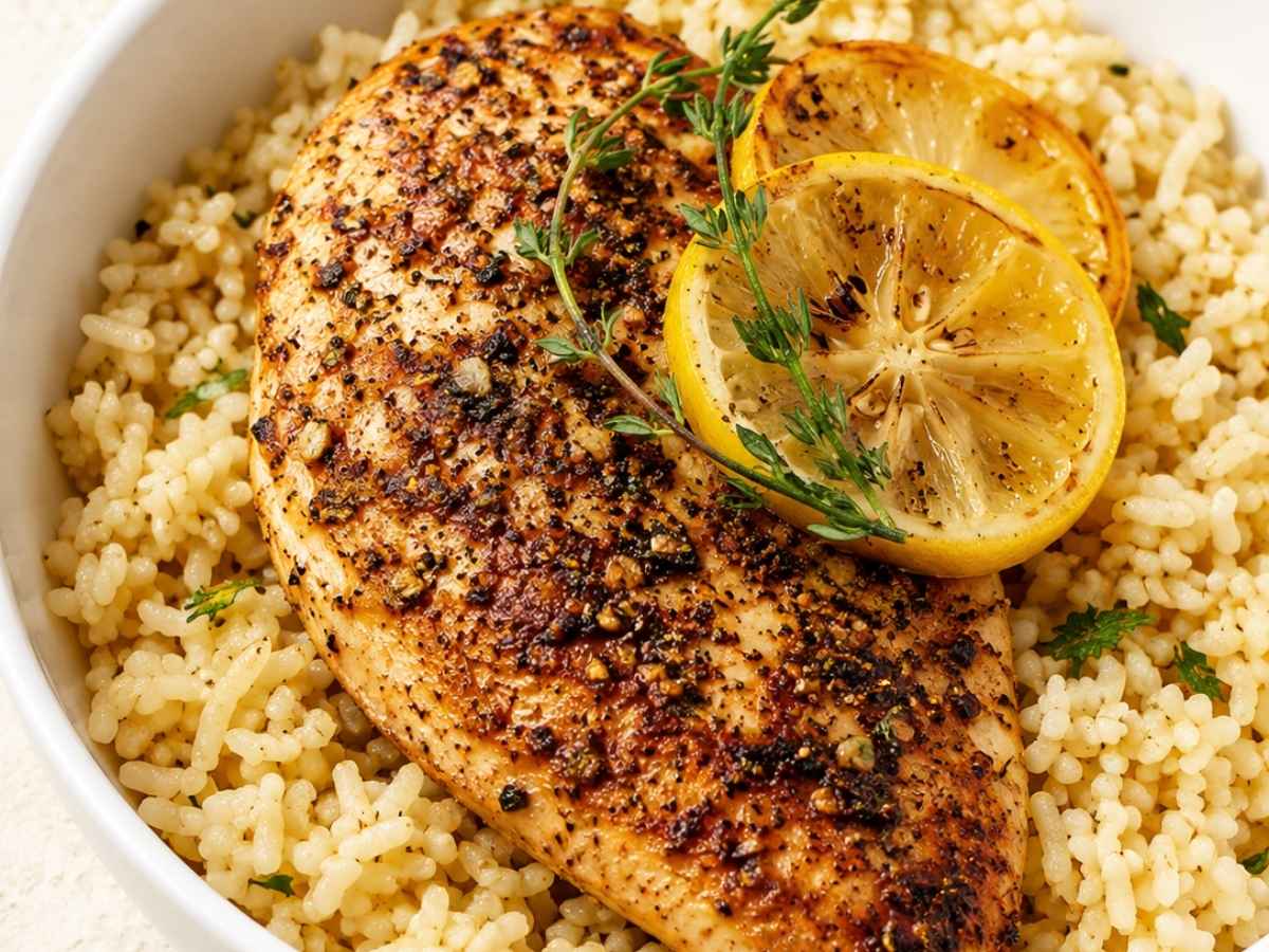 Close up of sliced lemon herb chicken fanned over lemony rice in a bowl with fresh parsley