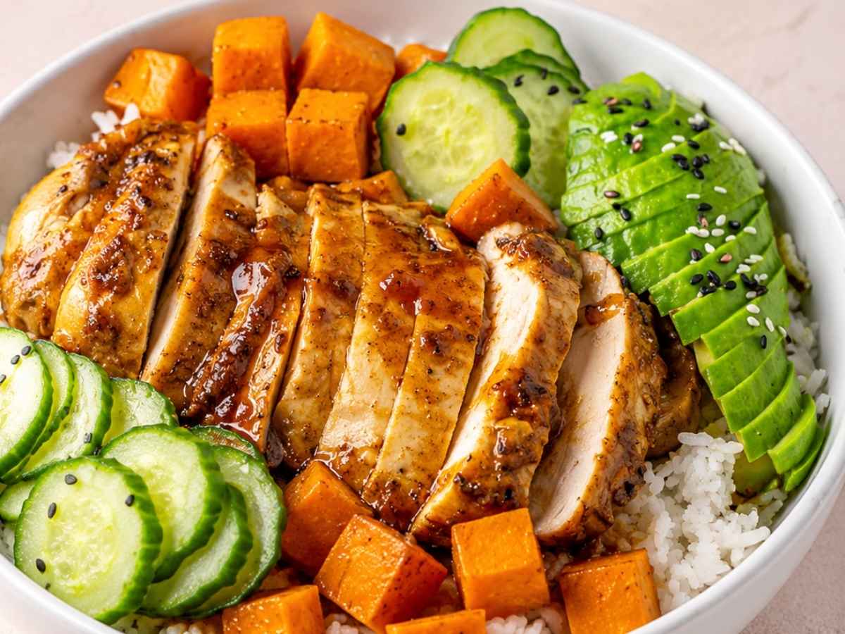 Close up of roasted hot honey chicken and sweet potato served over rice with sliced avocado