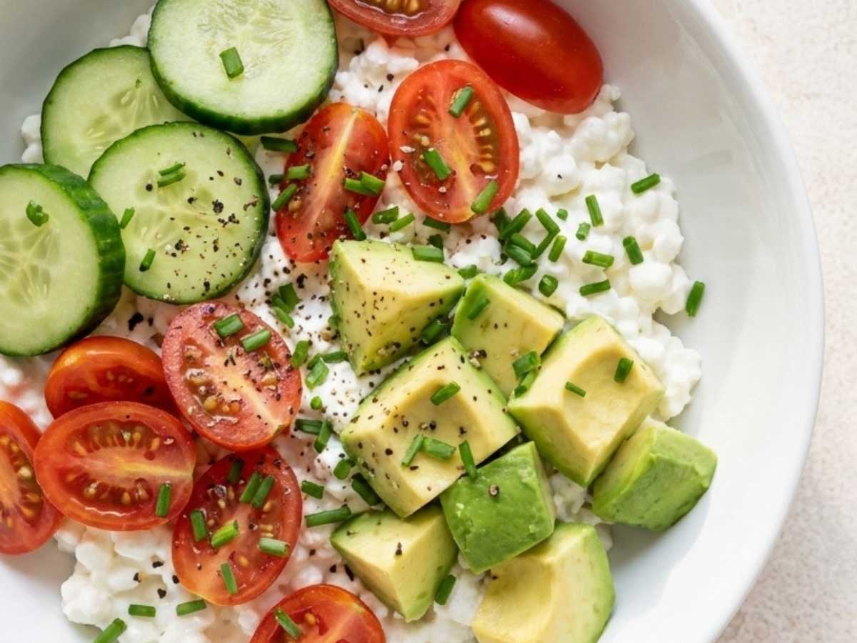 Close-up of cottage cheese breakfast bowl with sliced avocado and chives