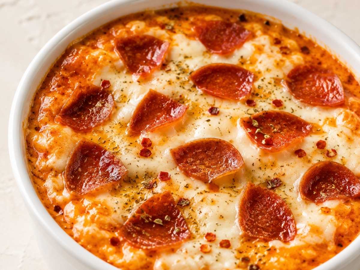 Close-up of melty mozzarella and turkey pepperoni on a cottage cheese pizza bowl