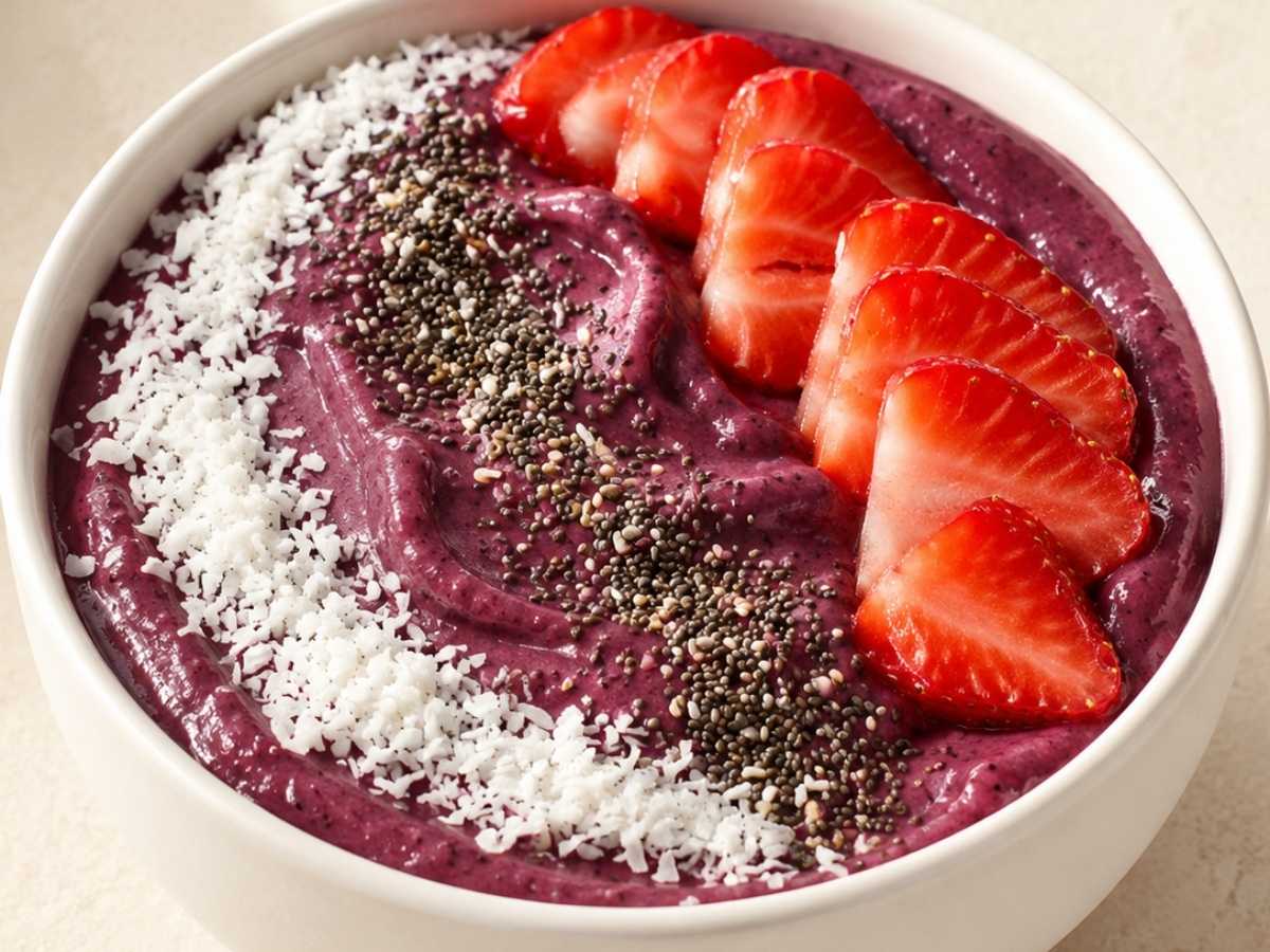 Close-up of a thick protein smoothie bowl swirled with almond butter and berries
