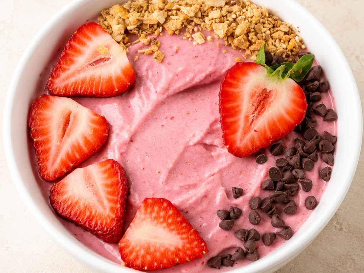 Close up of a thick strawberry smoothie bowl showing its creamy texture and toppings