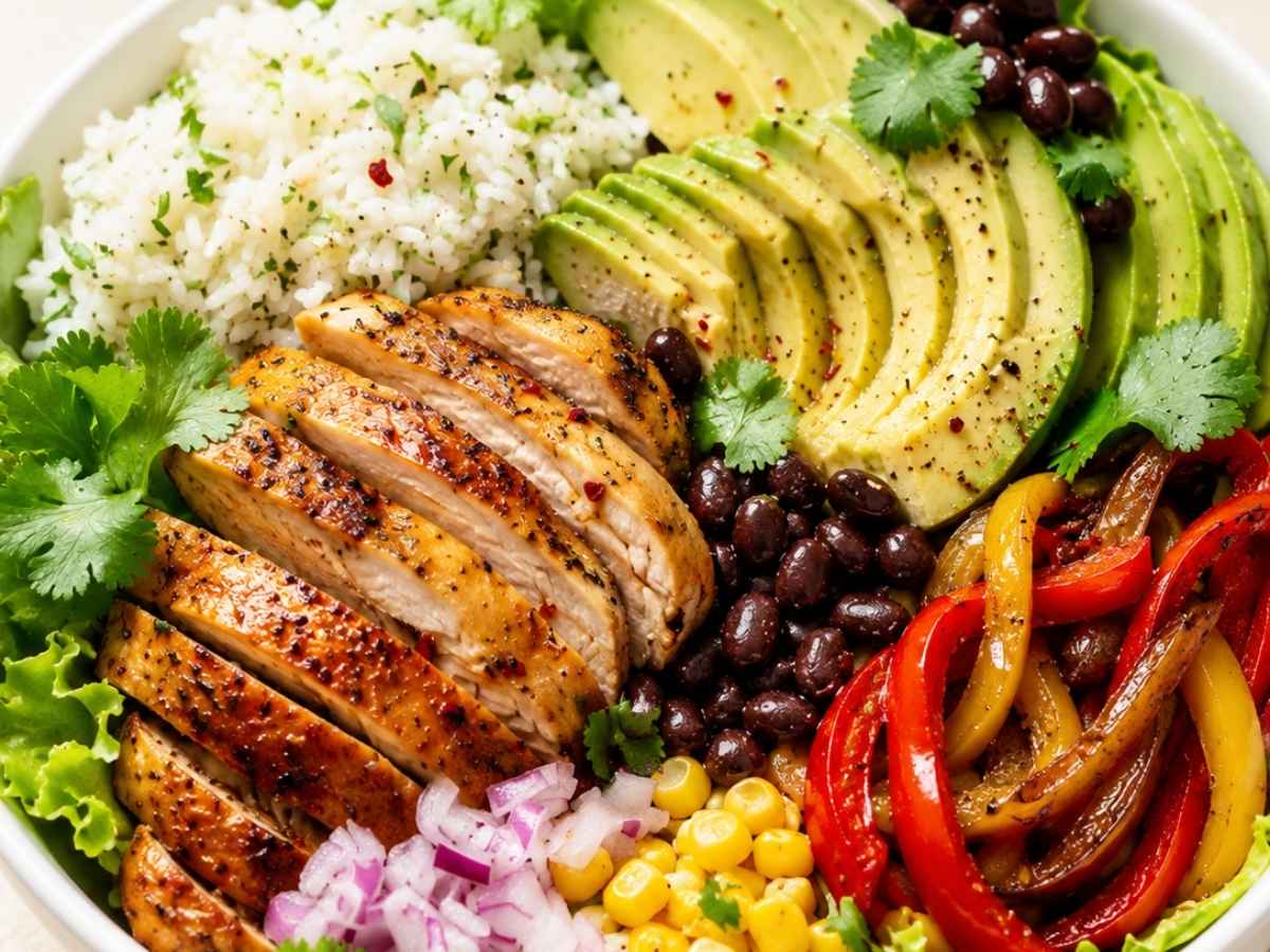 Closeup of fajita chicken burrito bowl showing juicy sliced chicken and lime dressing drizzled over avocado