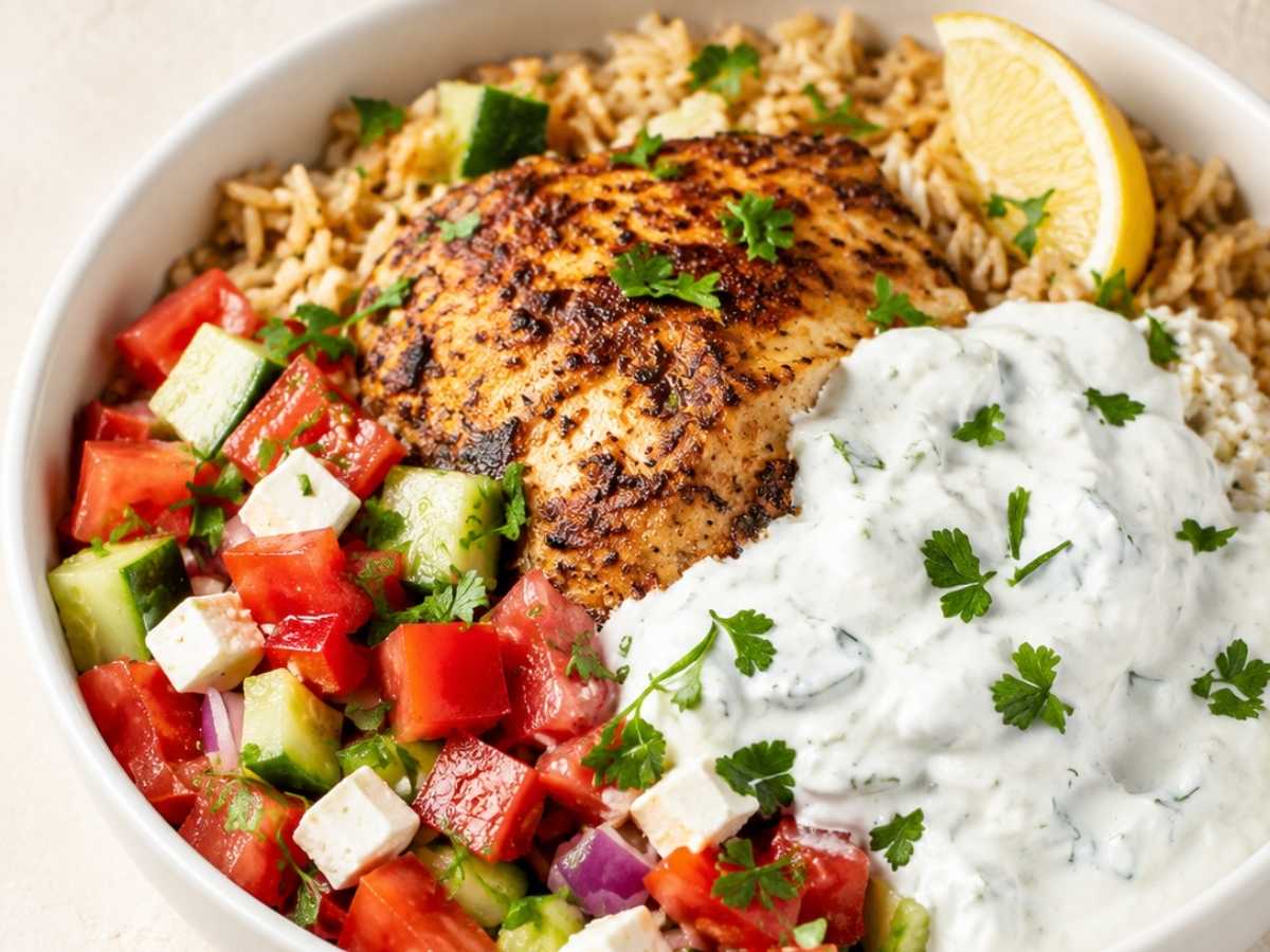 Close-up of tzatziki and feta on a Greek chicken rice bowl