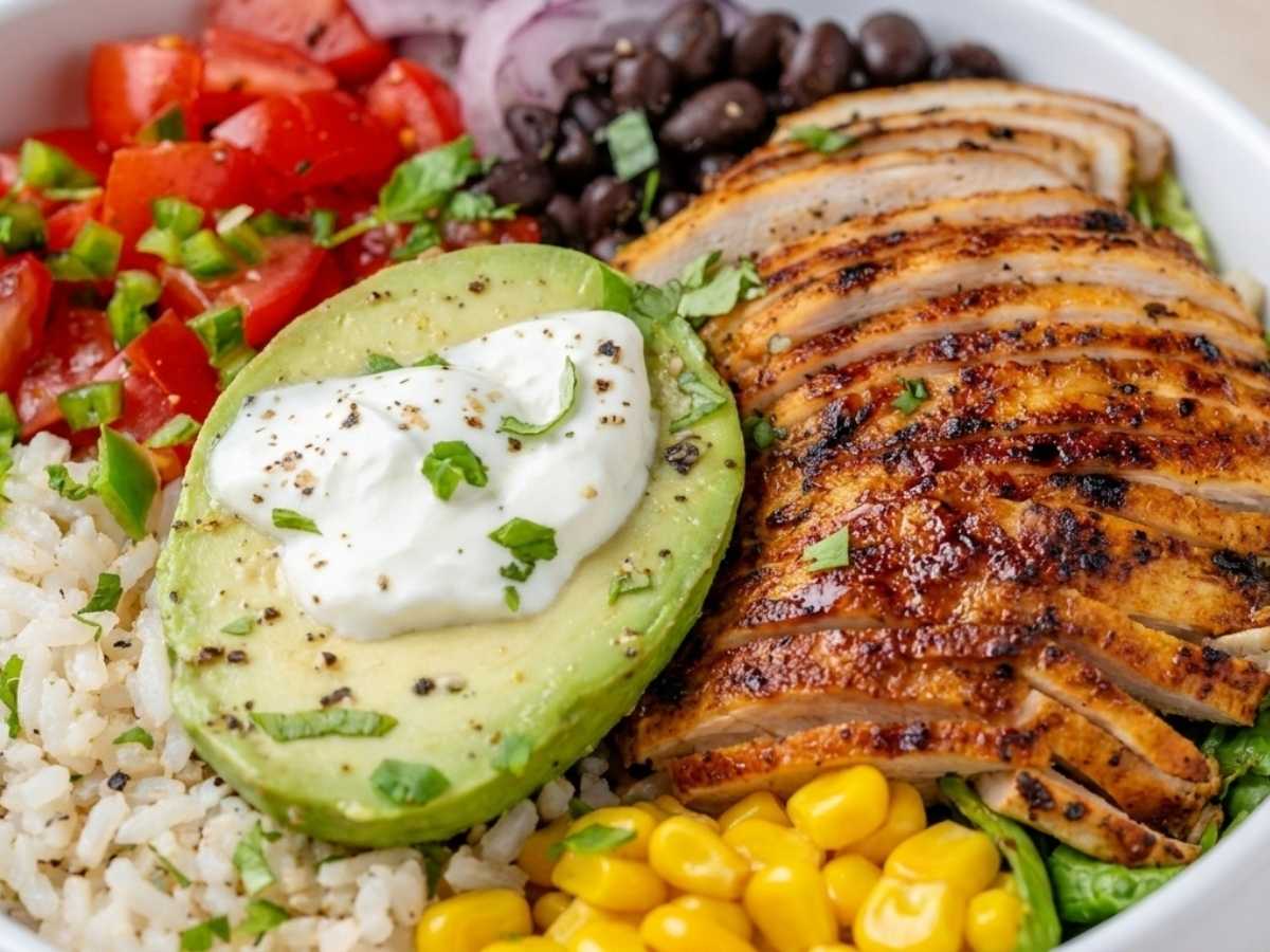 Marinated chicken breast searing on a grill pan for burrito bowl recipe