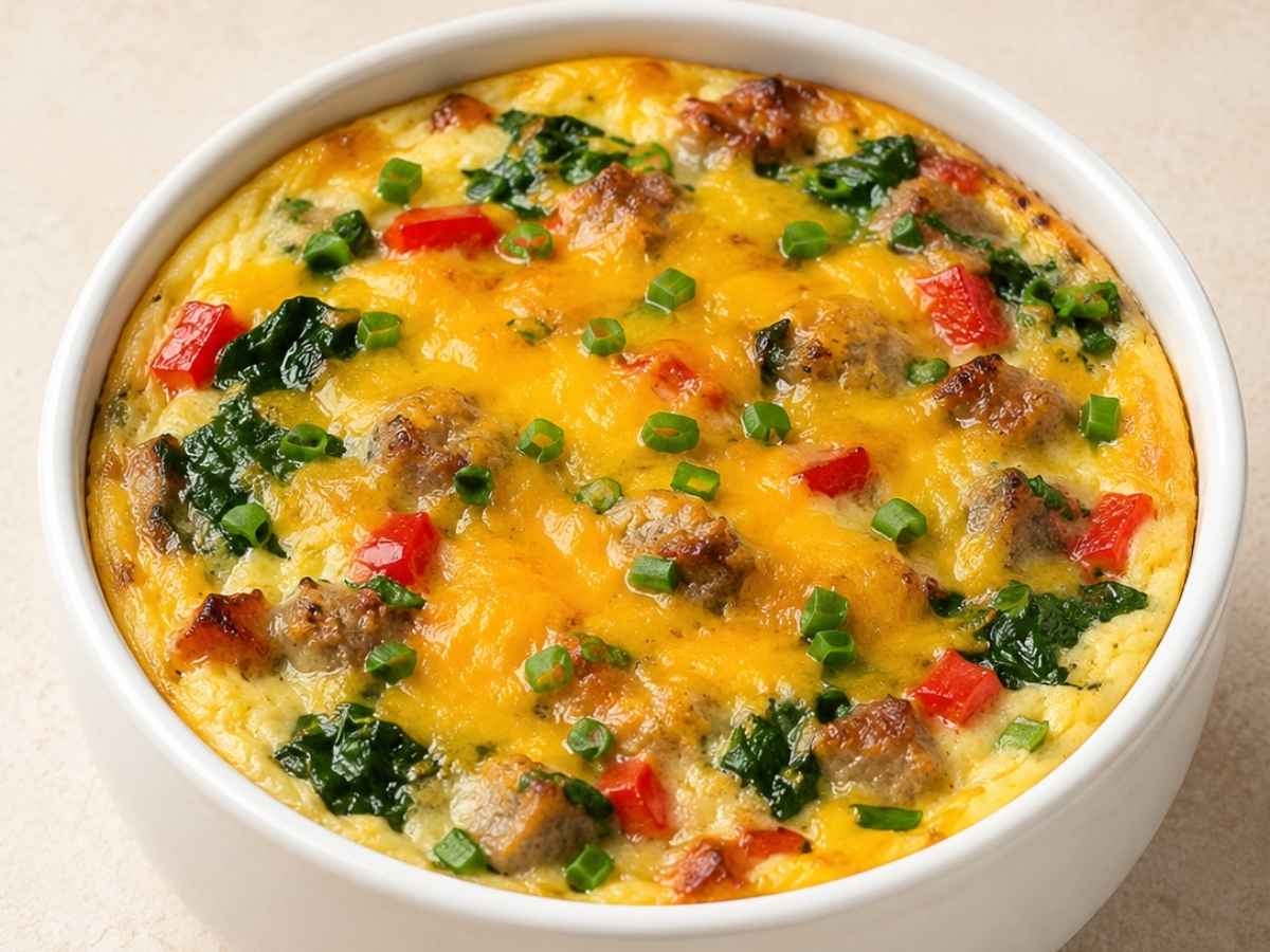 Closeup of a creamy baked egg bowl with melted cheese and chives on top