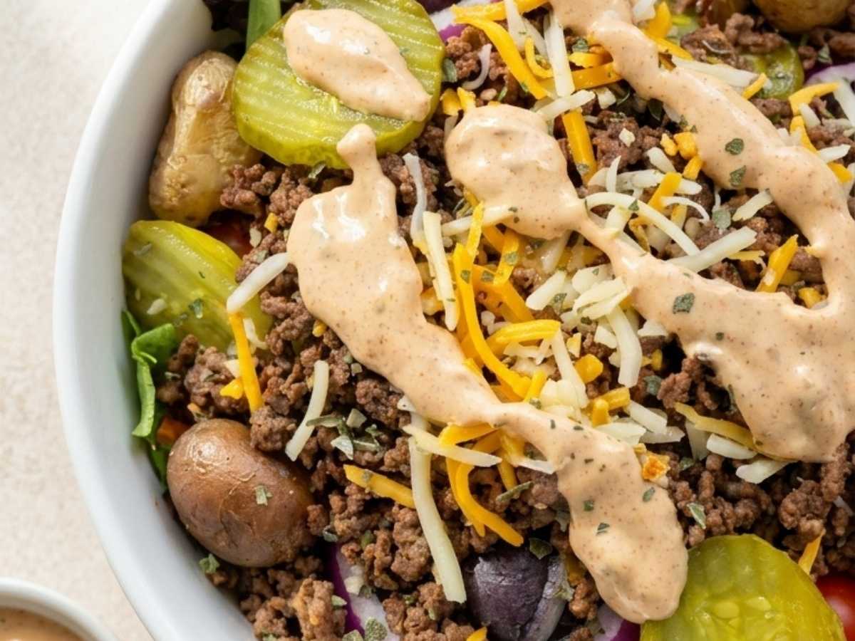 Close up of a high protein burger bowl showing seasoned meat, creamy Greek yogurt sauce, and fresh toppings