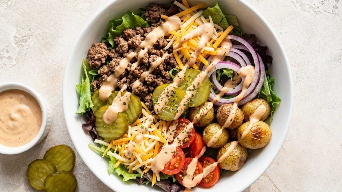 High Protein Burger Bowls with Greek Yogurt Sauce