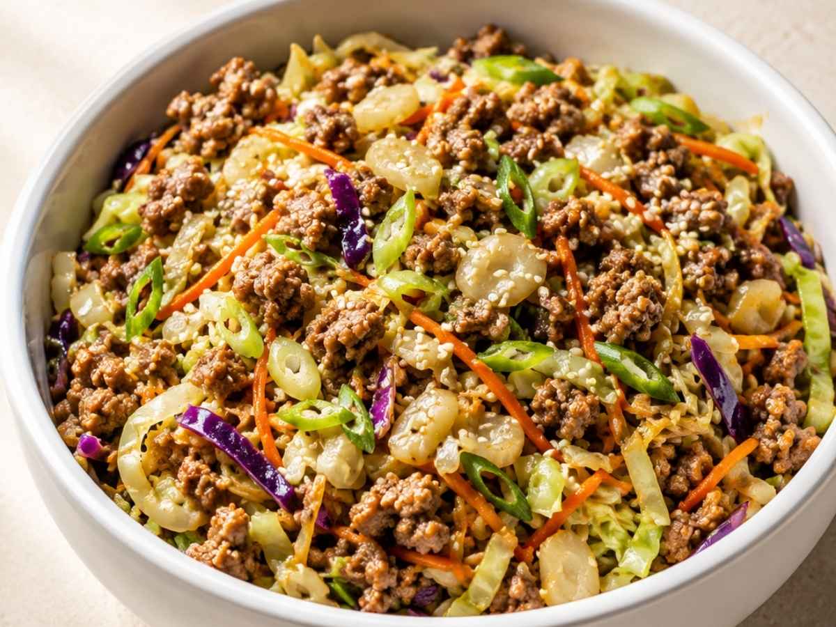 Close up of a high protein egg roll bowl topped with sesame seeds and a drizzle of sriracha