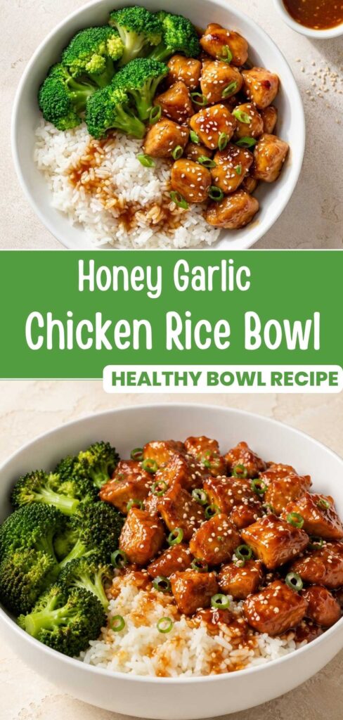 Honey garlic chicken rice bowl with broccoli and sesame seeds