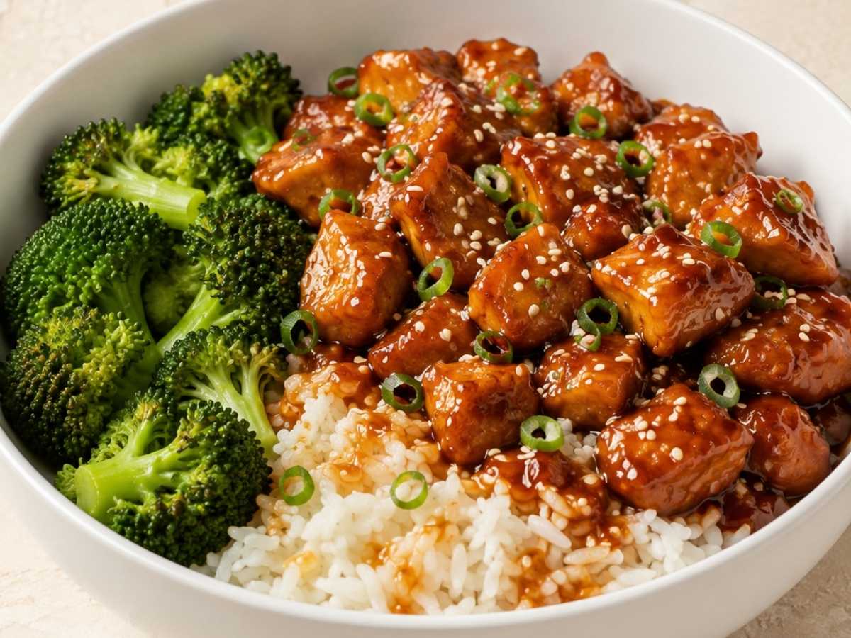 Honey garlic chicken rice bowl with broccoli and sesame seeds